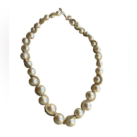 Kenneth J Lane Graduated Faux Pearls Wrapped in Gold Tone Double Chain Necklace - Picture 4 of 7